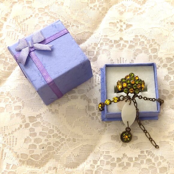 VTG NWOT Girls Women’s Orange Green Rhinestone Adjustable Vintage Copper Ring - Picture 10 of 11